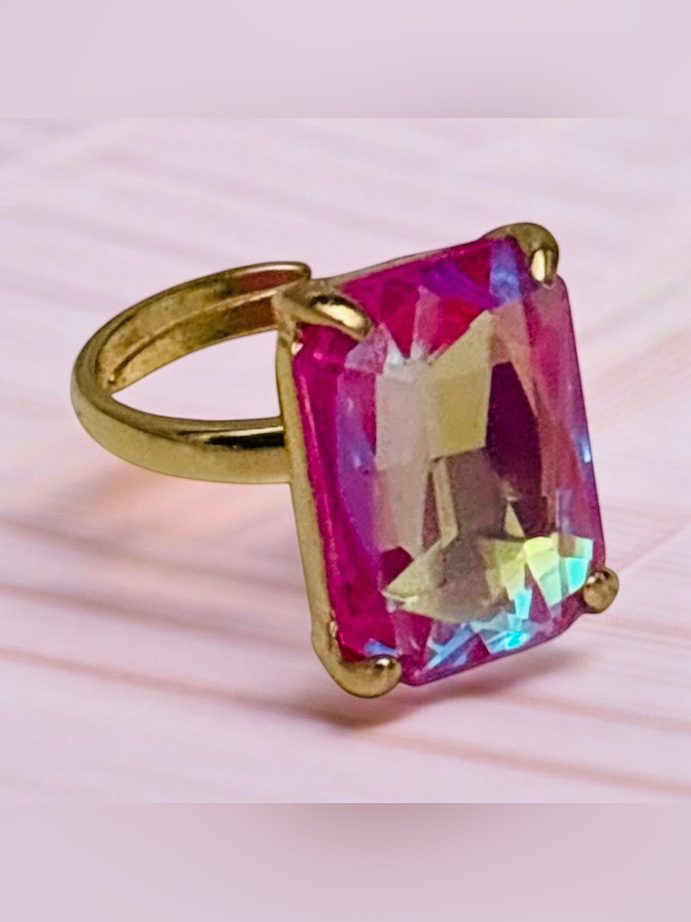 Pink AB Adjustable Brass Rectangle Glass Stone Gold Ring